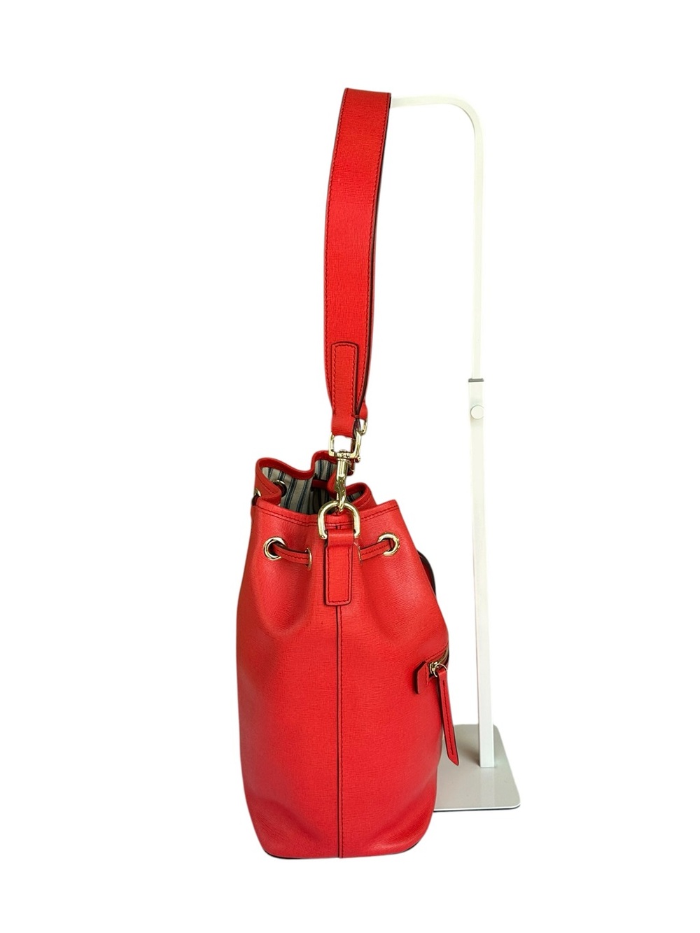 Dooney & Bourke Red/Coral Saffiano Leather Drawstring Bucket Shoulder Bag. - Picture 3 of 12